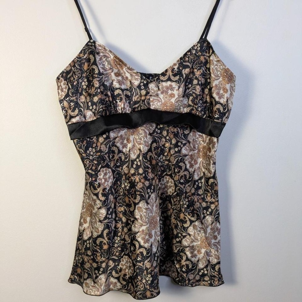 Wrapper Y2K Satin Babydoll Cami Top Black & Brown With Ribbon Detail L/XL